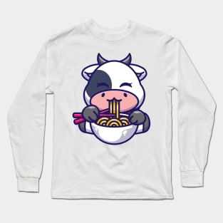 Cute cow eating ramen with chopstick cartoon Long Sleeve T-Shirt